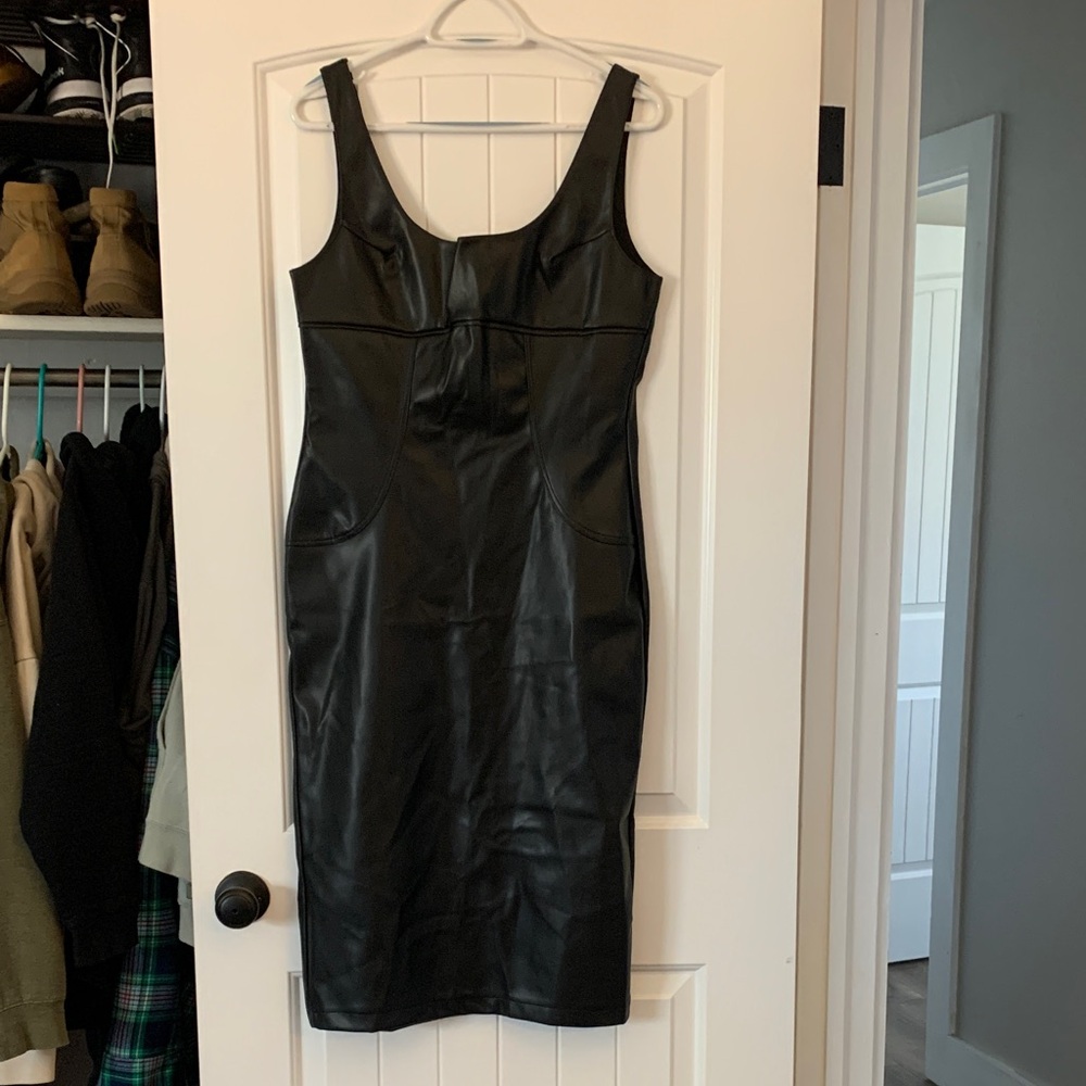 Commense Black Faux Leather Midi Dress